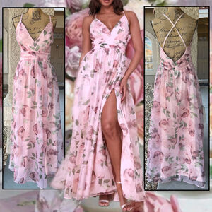 Lulus Romance That Wows Blush Floral Print Organza Maxi Dress Size: XL